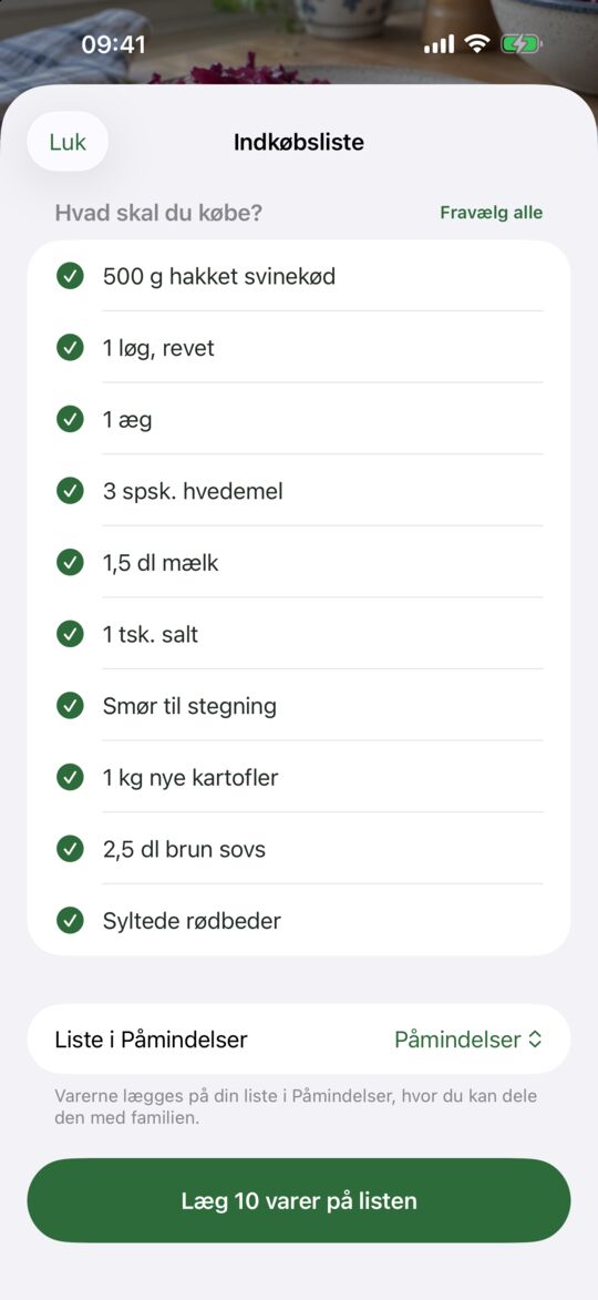 Indkøbslisten i Påmindelser