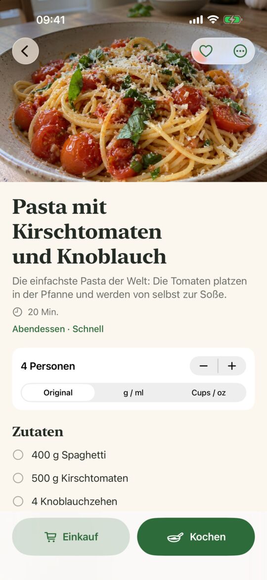 Opskrift auf dem iPhone: ein Pasta-Rezept aus einem Kochvideo, mit Personen, Zutaten und Schritten