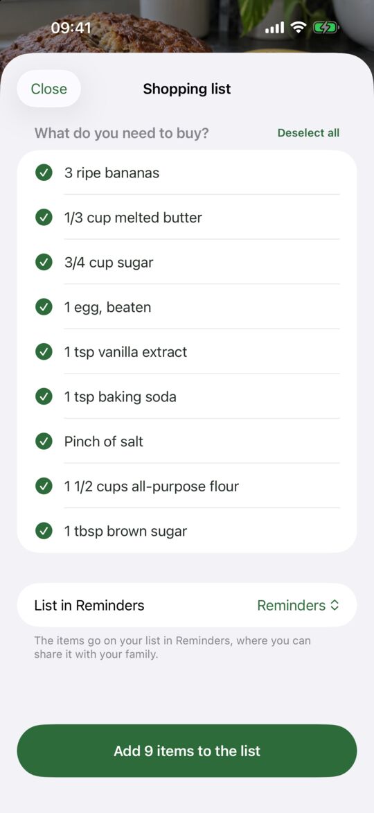 Shopping list in Reminders