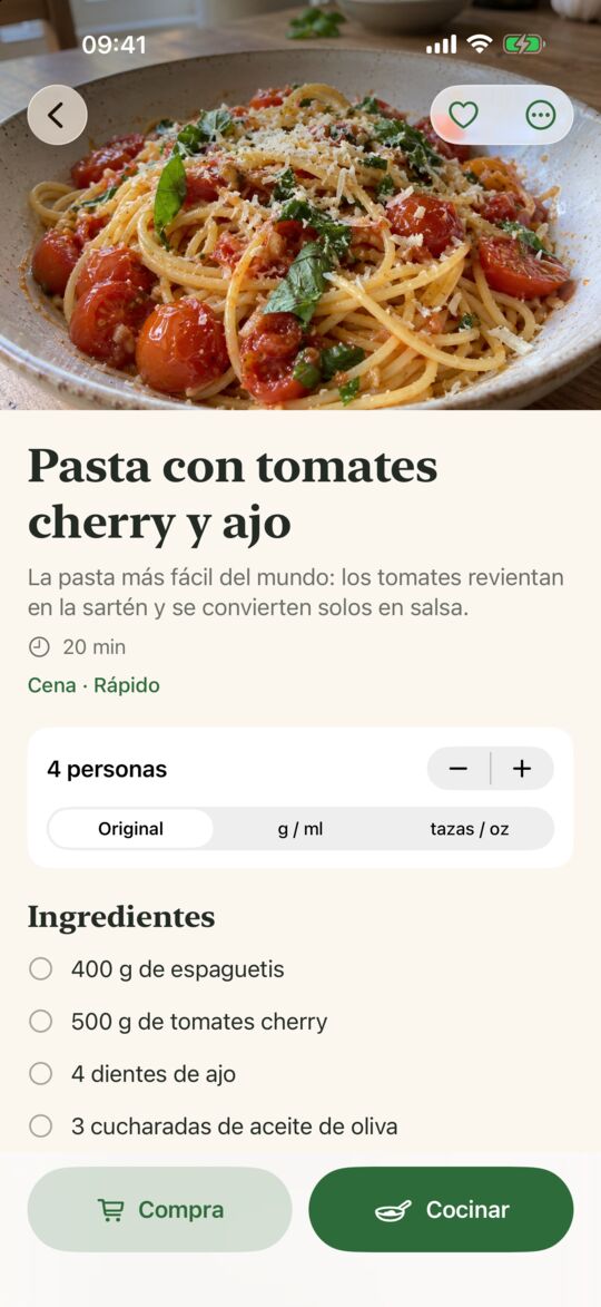 Opskrift en iPhone: una receta de pasta escrita a partir de un vídeo, con raciones, ingredientes y pasos