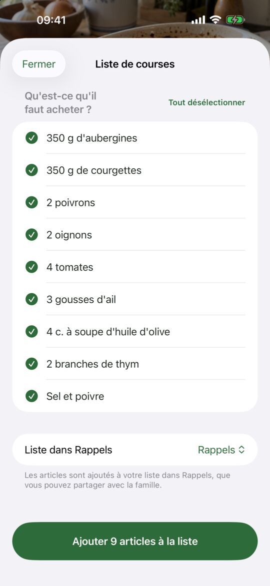 Liste de courses dans Rappels