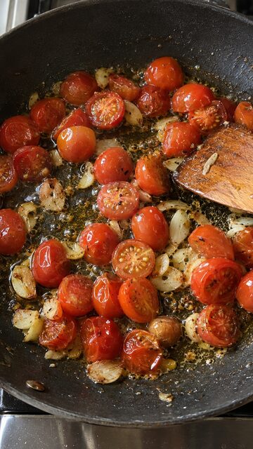 Ein Bild aus einem Kochvideo: Kirschtomaten und Knoblauch in der Pfanne